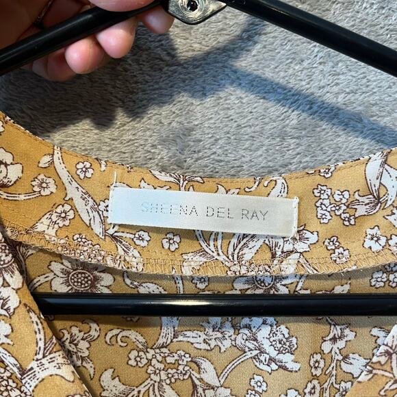 Floral Midi Dress Yellow Ruched Front Pleated Skirt Cottagecore Indie Feminine M - Picture 7 of 8